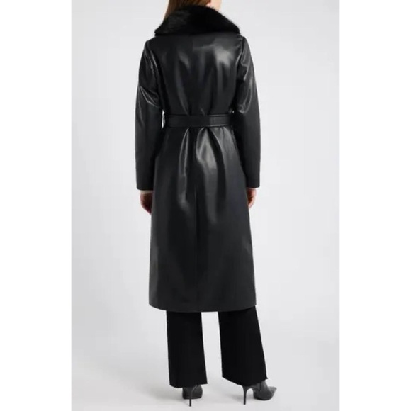 Black Dakota Belted Leather Coat Trench Removable Fur Collar Jacket - Picture 4 of 8